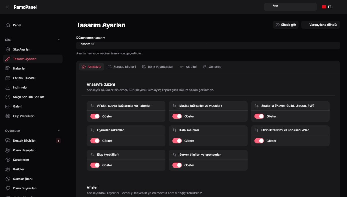 Tasarım Ayarları ekranı