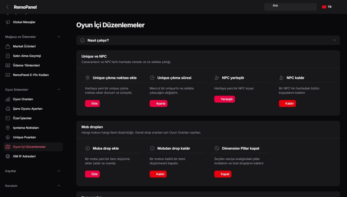 Oyun İçi Düzenlemeler ekranı