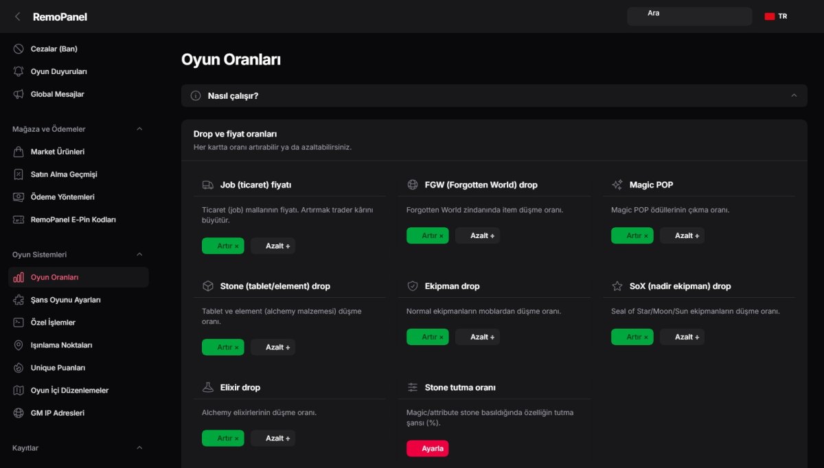 Oyun Oranları ekranı